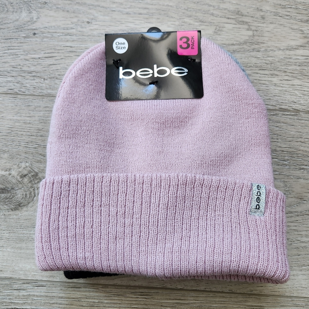 Bebe Pink Gray Black Knit Beanie Hat 3 Pack Womens One Size